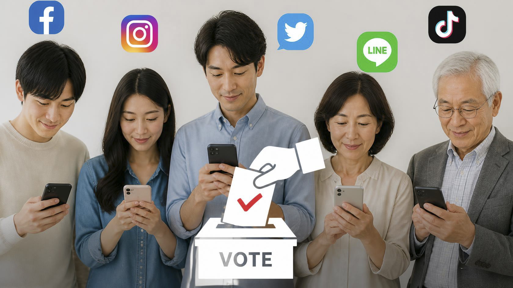 人口の全てが「SNS世代」になり投票するイメージ図